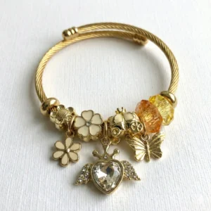 Gold Nature Charm Bangle Bracelet – Butterfly Flower & Angel Heart Multi Charm Cuff | Luxury Pandora Style Bracelet