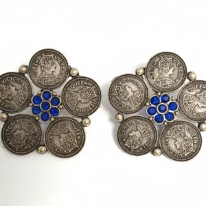 " Silver Queen Victoria Coin Cluster Earrings – Blue Crystal Antique Coin Stud Earrings | Vintage Ethnic Statement Earrings"
