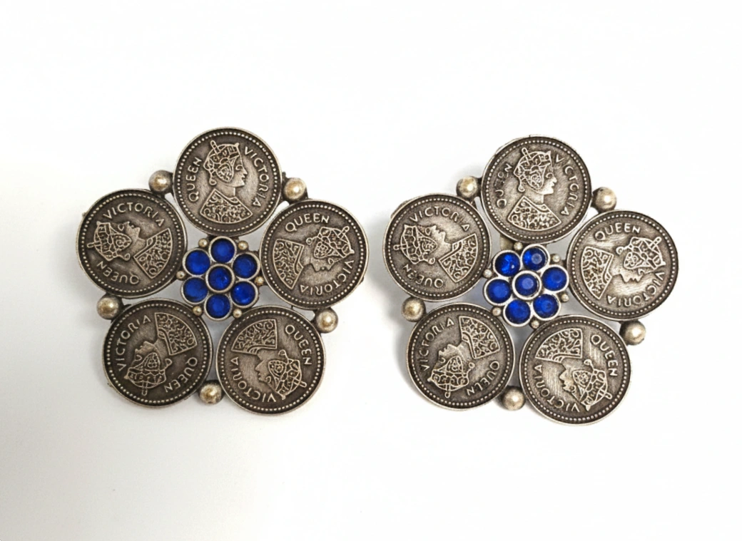 " Silver Queen Victoria Coin Cluster Earrings – Blue Crystal Antique Coin Stud Earrings | Vintage Ethnic Statement Earrings"
