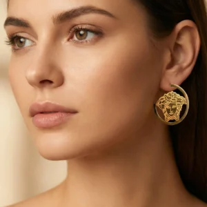 Gold Medusa Hoop Earrings – Greek Mythology Face Engraved Drop Earrings | Luxury Designer Style Earrings