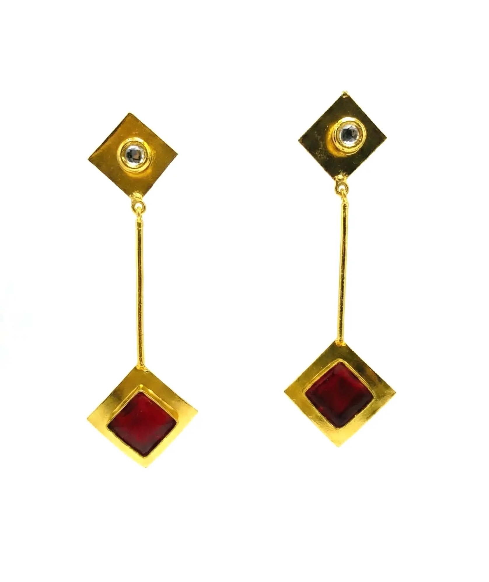 Geometric Ruby-Red Dangle Earrings – Gold-Plated Modern Statement Jewellery - Image 2
