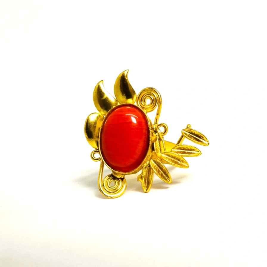 Gold Red Coral Sun Burst Ring – Boho Coral Stone Cocktail Ring | Luxury Artisan Statement Ring