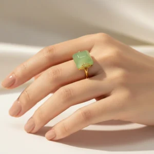 Green Jade Square Gold Ring – Mint Jade Cabochon Cocktail Ring | Luxury Statement Ring