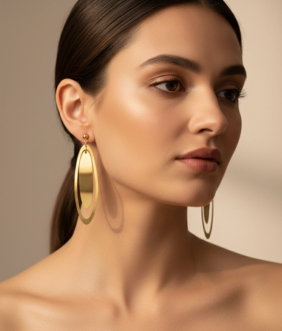 Contemporary Gold Double Oval Drop Earrings