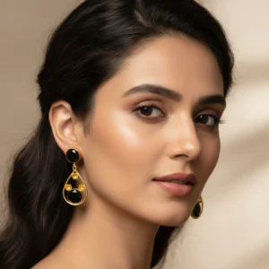 Black Onyx Double Stone Gold Drop Earrings | Teardrop Dangle Earrings for Women