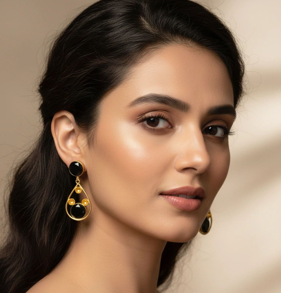 Black Onyx Double Stone Gold Drop Earrings | Teardrop Dangle Earrings for Women