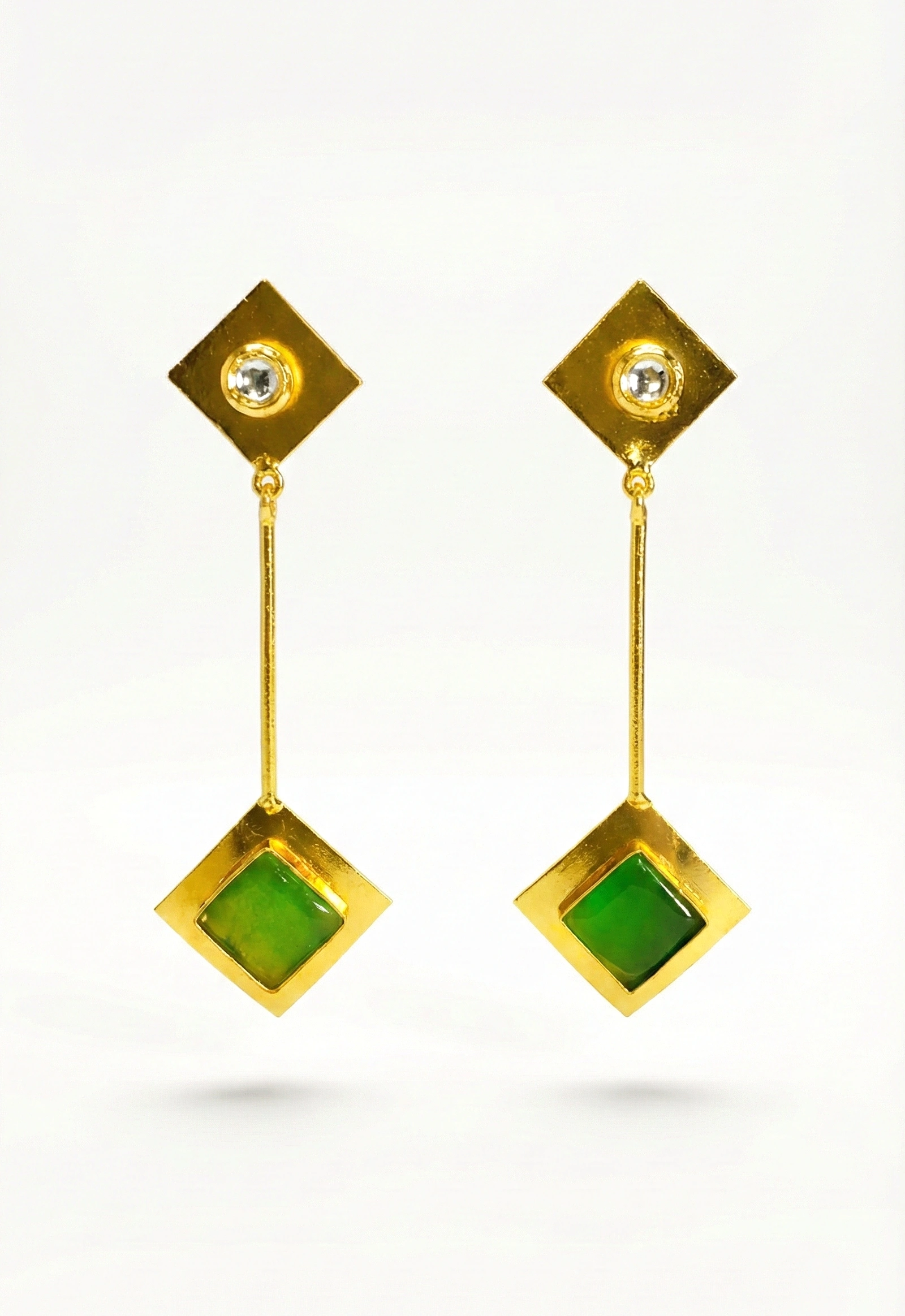 Olive Green Geometric Dangle Earrings – Gold-Plated Modern Statement Jewellery - Image 3