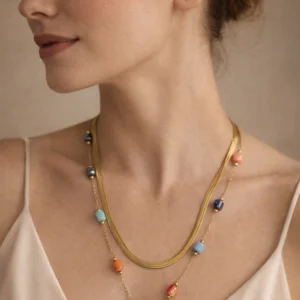 Bohemian Layered Gold Herringbone & Pastel Bead Necklace
