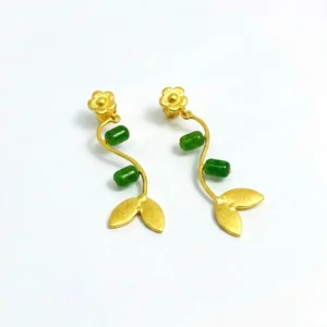 Green Jade Floral Vine Gold Drop Earrings | Leaf & Flower Dangle Earrings for Women