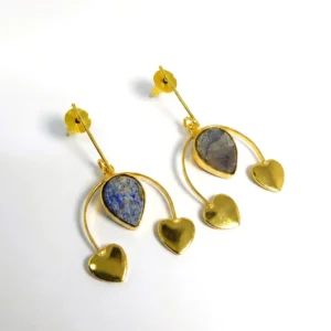 Blue Druzy & Gold Heart Drop Earrings | Galaxy Stone Dangle Earrings for Women