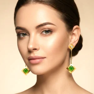 Olive Green Geometric Dangle Earrings – Gold-Plated Modern Statement Jewellery