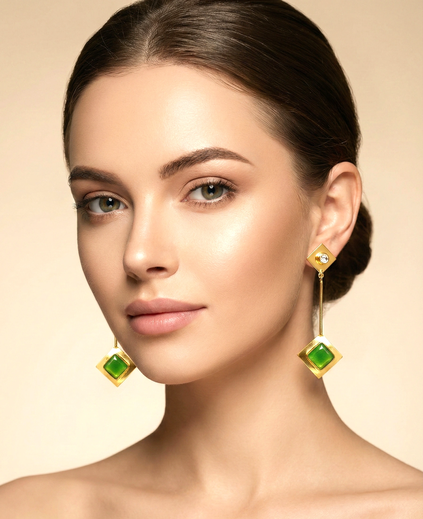 Olive Green Geometric Dangle Earrings – Gold-Plated Modern Statement Jewellery