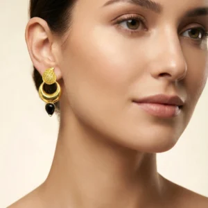 Gold Black Onyx Crescent Drop Earrings – Chunky Gold Hoop Black Stone Earrings | Luxury Ethnic Statement Earrings