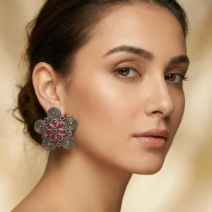 Oxidised Silver Pink Stone Floral Stud Earrings – Boho Ethnic Flower Earrings | Antique Ruby Red Earrings