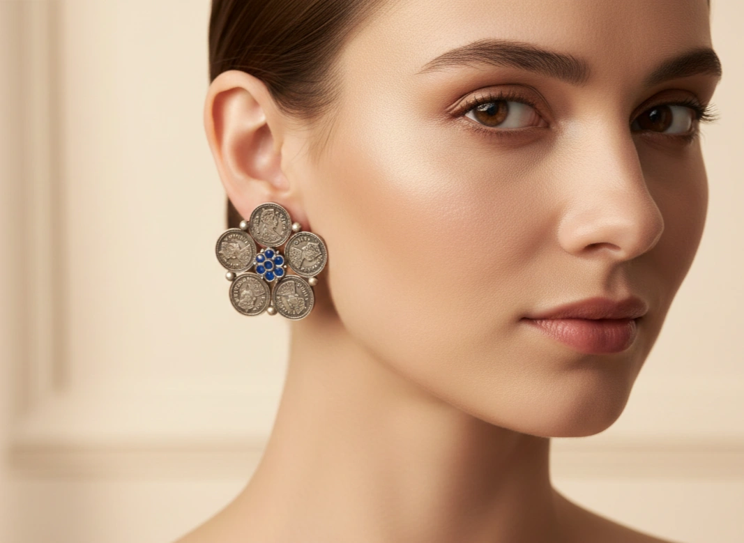 " Silver Queen Victoria Coin Cluster Earrings – Blue Crystal Antique Coin Stud Earrings | Vintage Ethnic Statement Earrings" - Image 4
