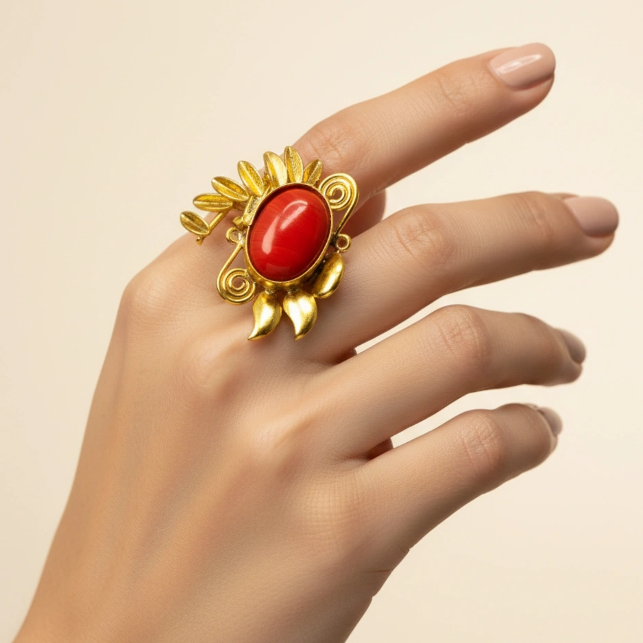 Gold Red Coral Sun Burst Ring – Boho Coral Stone Cocktail Ring | Luxury Artisan Statement Ring - Image 2