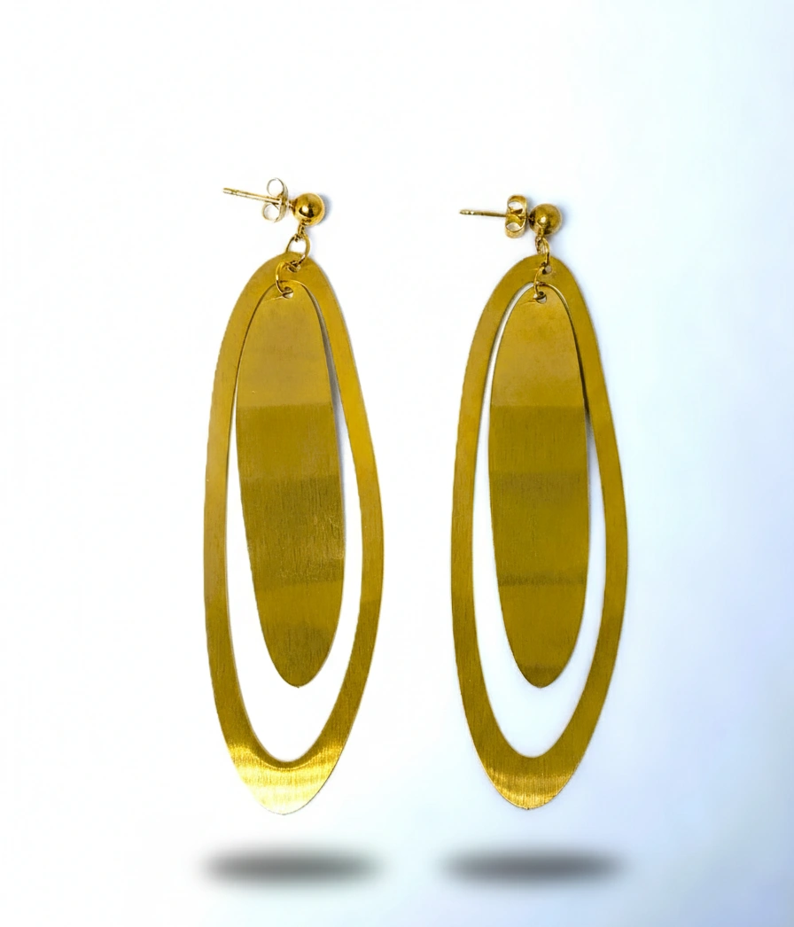 Contemporary Gold Double Oval Drop Earrings - Image 3