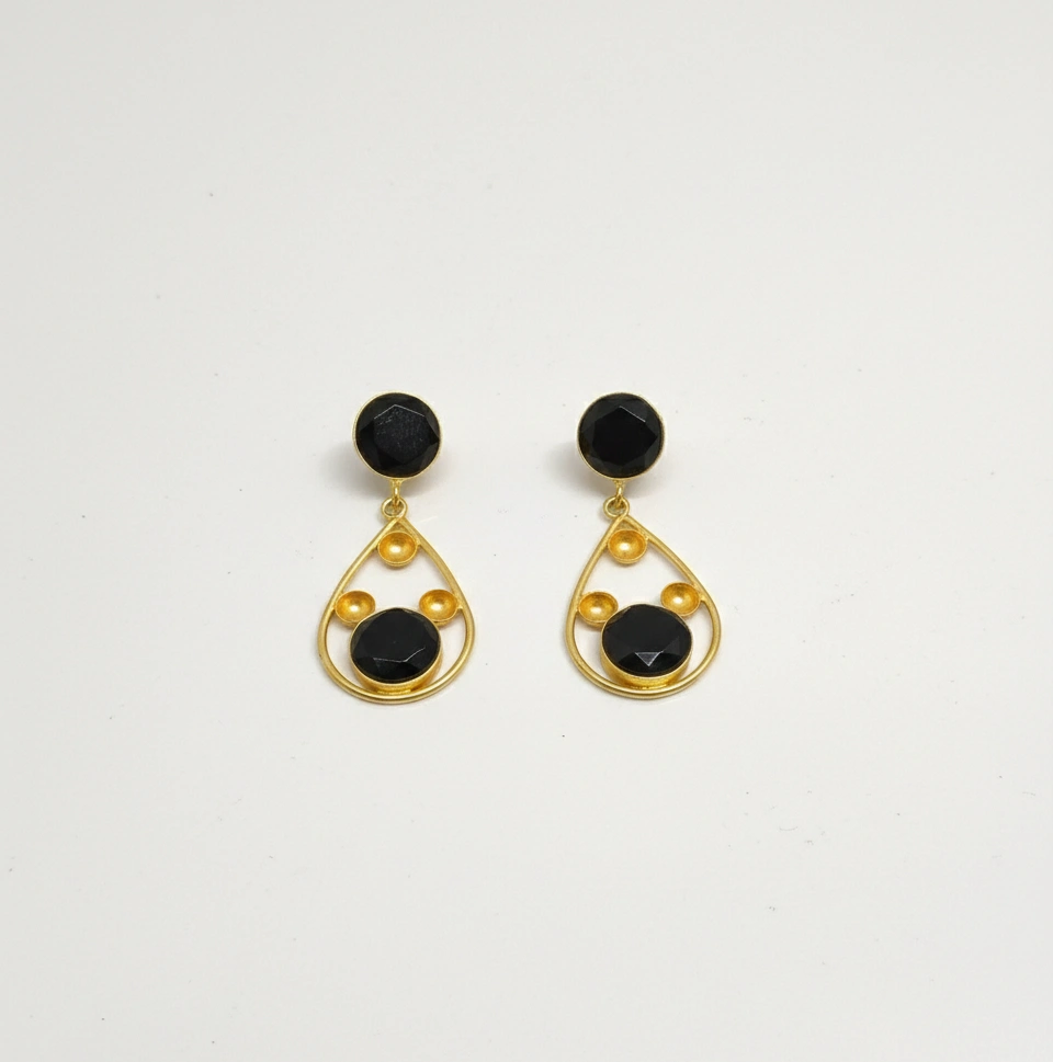 Black Onyx Double Stone Gold Drop Earrings | Teardrop Dangle Earrings for Women - Image 2