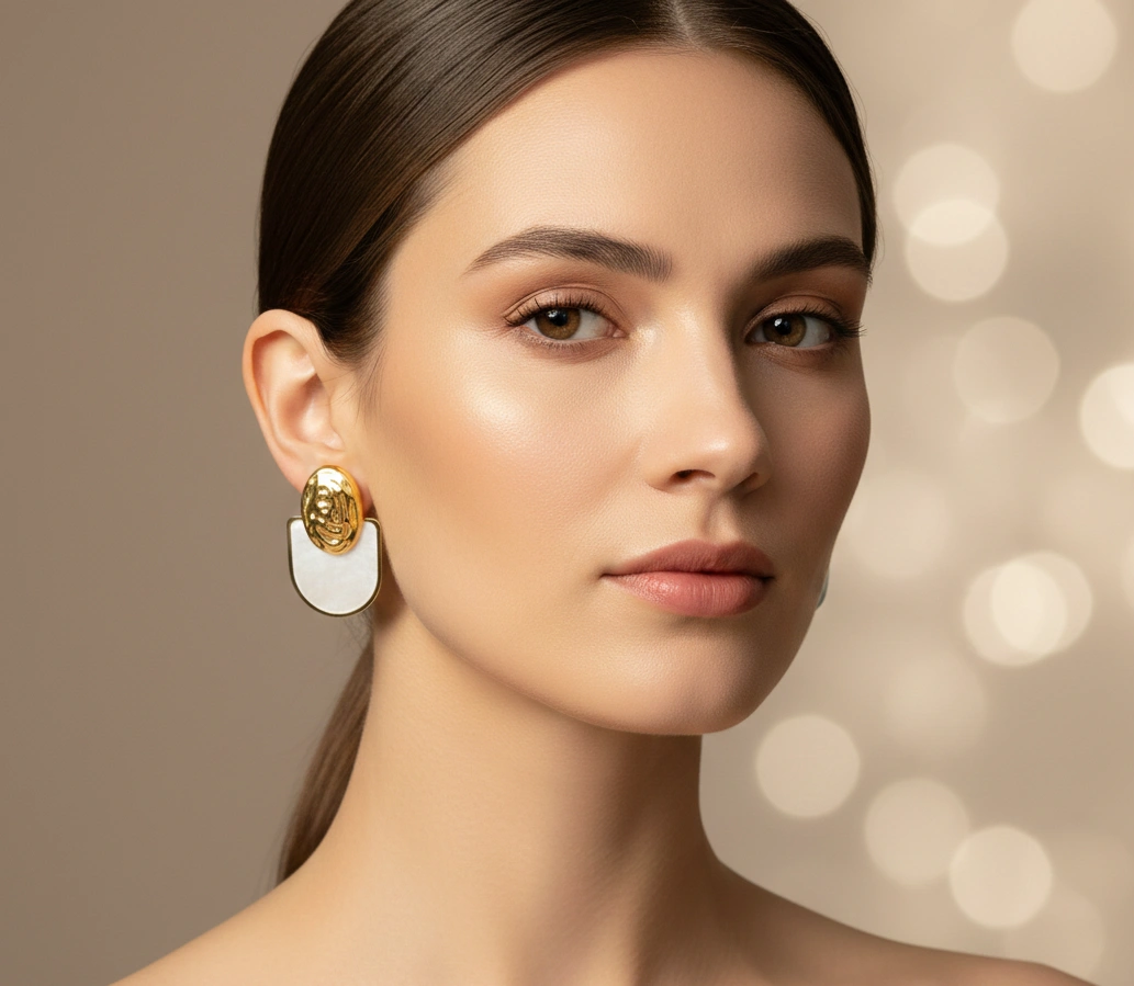 Hammered Gold & Mother-of-Pearl Geometric Drop Earrings - Image 2