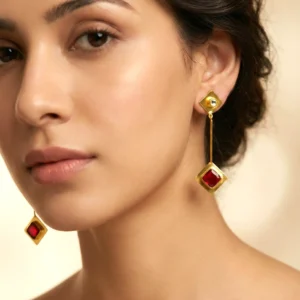 Geometric Ruby-Red Dangle Earrings – Gold-Plated Modern Statement Jewellery
