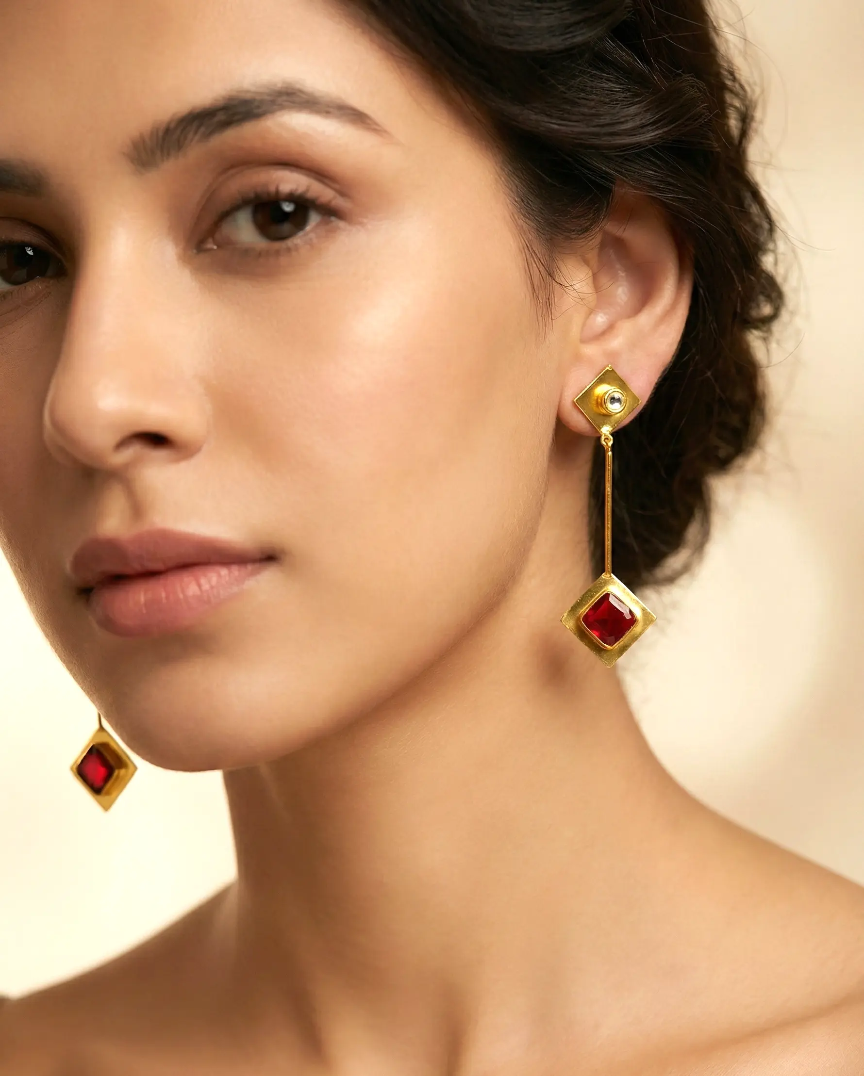 Geometric Ruby-Red Dangle Earrings – Gold-Plated Modern Statement Jewellery