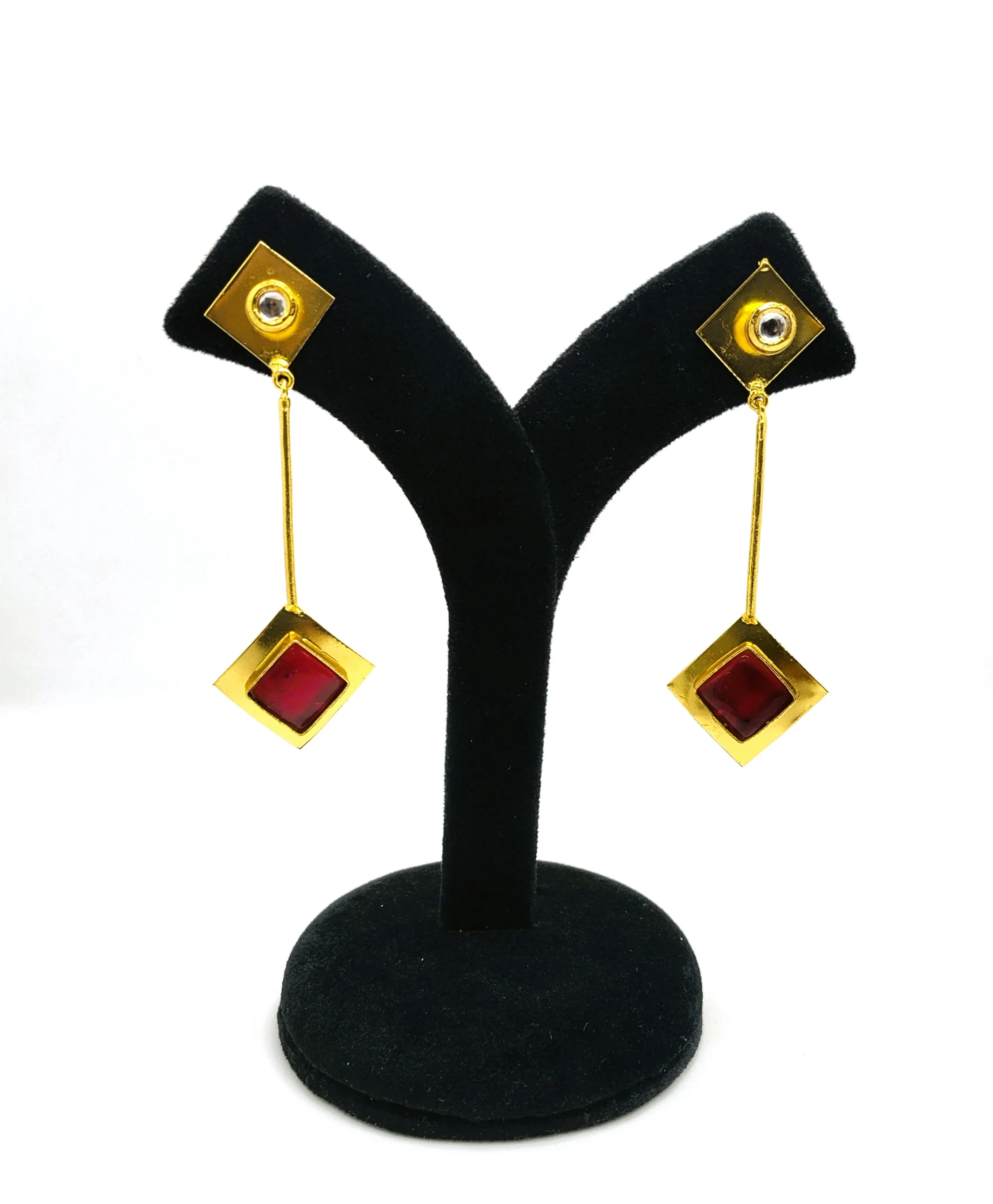 Geometric Ruby-Red Dangle Earrings – Gold-Plated Modern Statement Jewellery - Image 3