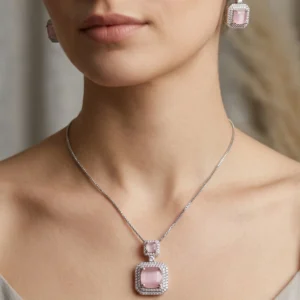Blush Pink Crystal Halo Necklace & Earring Set