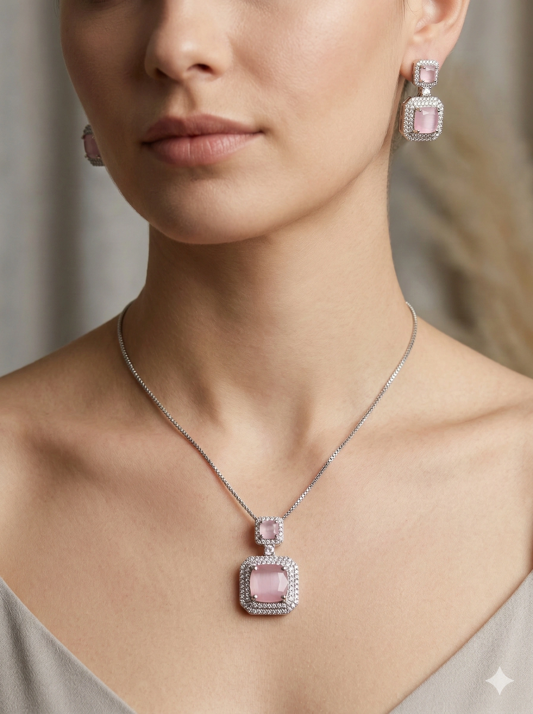 Blush Pink Crystal Halo Necklace & Earring Set