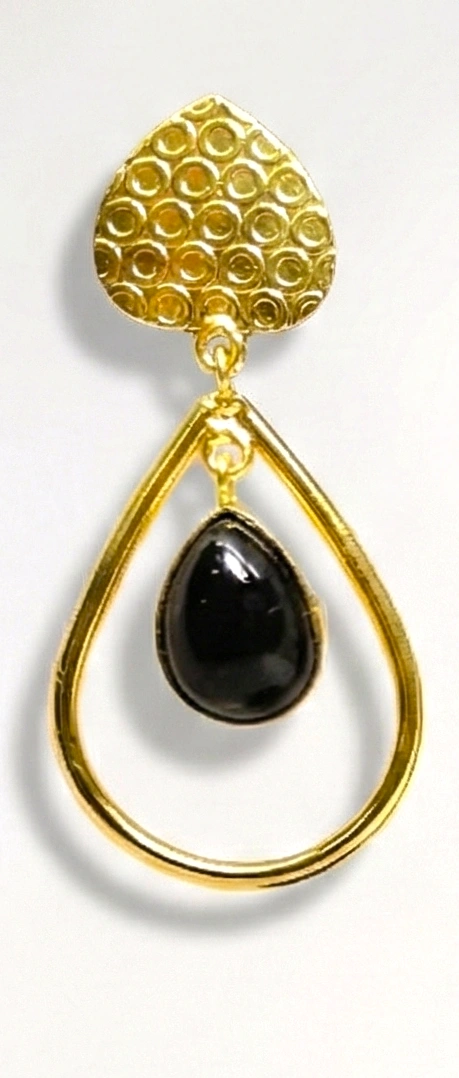 Black Onyx Teardrop Gold Drop Earrings | Textured 18k Gold-Tone Dangle Earrings for Women - Image 3