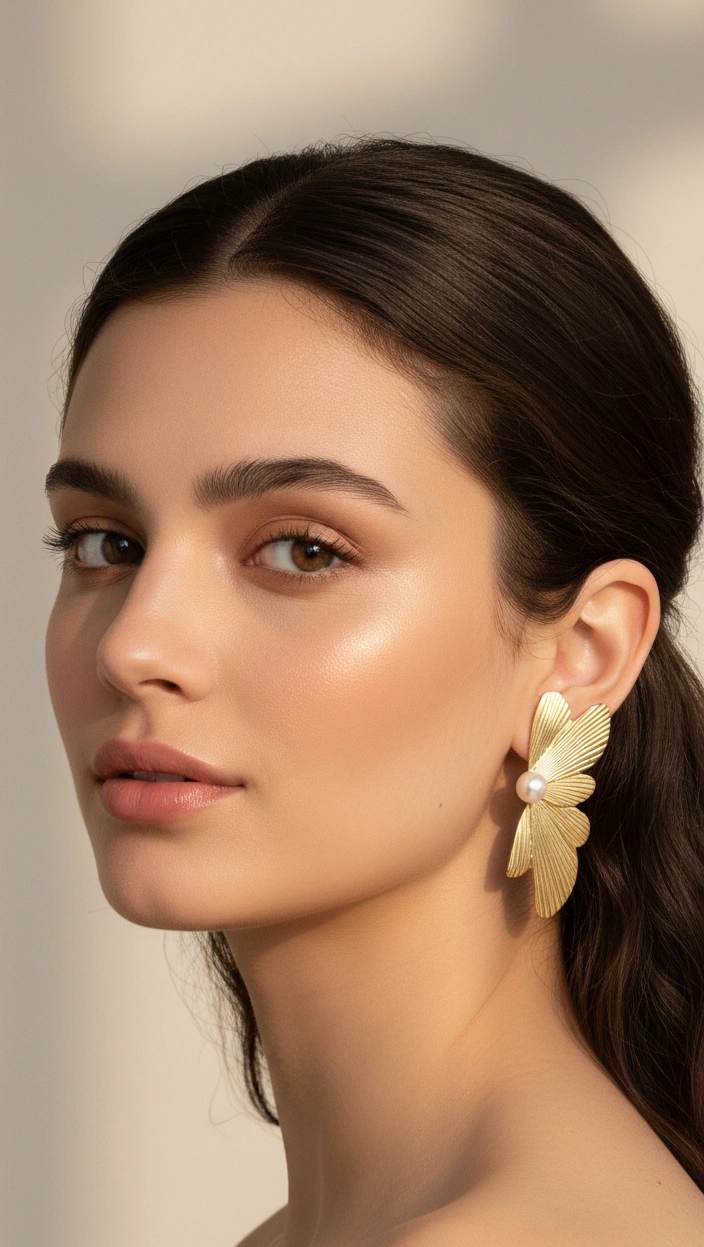 Textured Gold Wing & Pearl Statement Earrings - Image 2