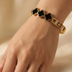 Gold Clover Bangle Bracelet – Black Enamel Four-Leaf Clover Cuff | Luxury Stack Bracelet