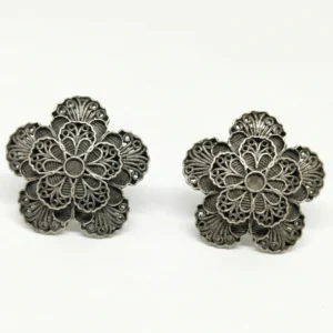 Oxidised Silver Floral Filigree Stud Earrings | Antique Flower Earrings for Women