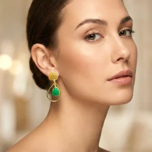 Green Onyx Teardrop Gold Drop Earrings |Textured 18k Gold-Tone Dangle Earrings for Women