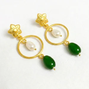Green Jade & Pearl Gold Hoop Drop Earrings | Floral Stud Dangle Earrings for Women