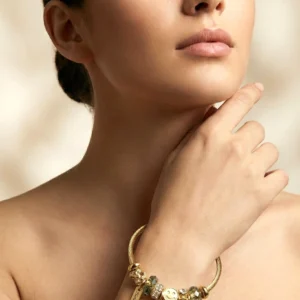 Gold Charm Bangle Bracelet – Crystal & Clover Multi Charm Cuff | Luxury Pandora Style Bracelet