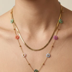 Bohemian Layered Gold Herringbone & Beaded Floral Necklace