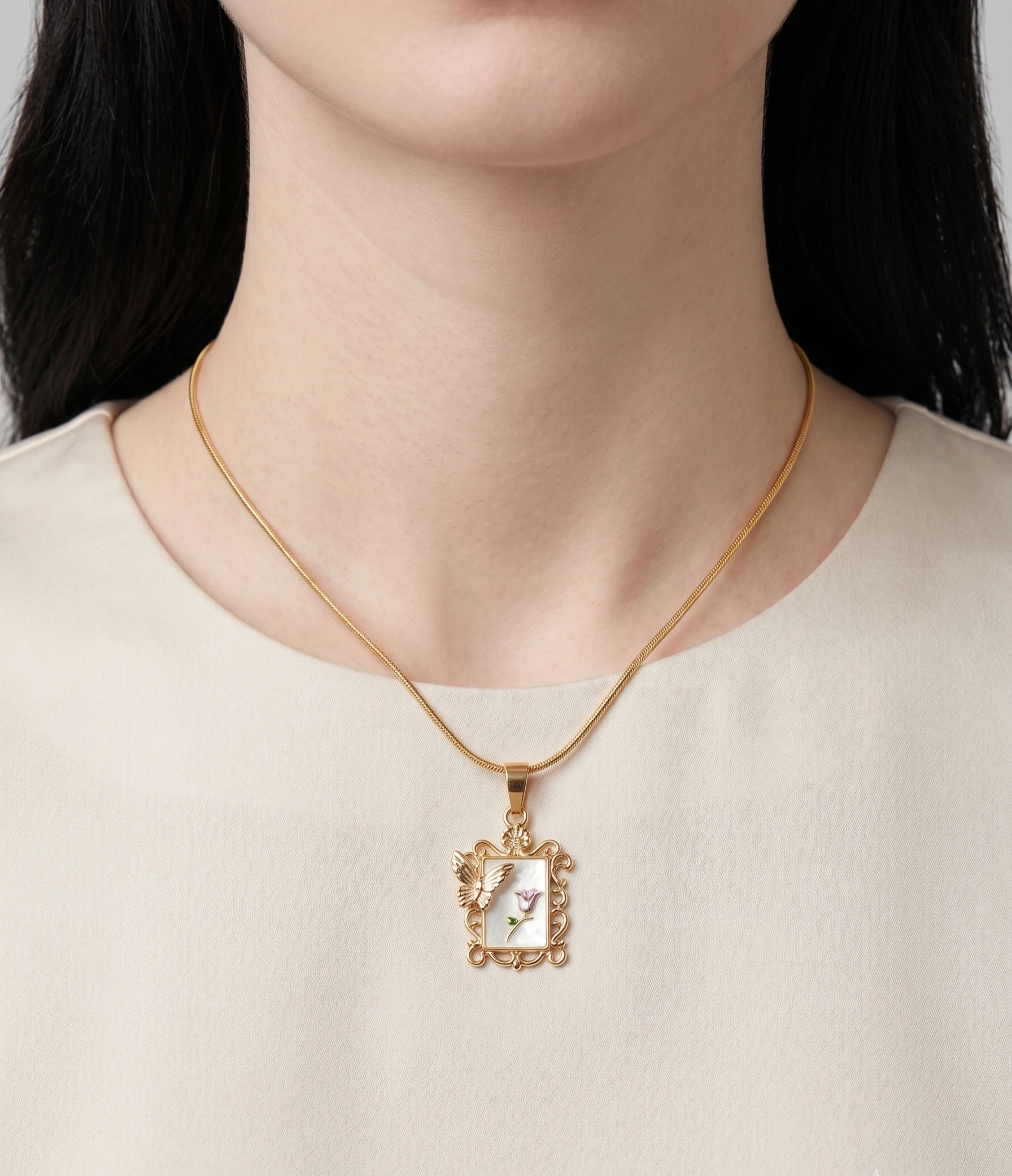 Vintage Gold Butterfly & Floral Filigree Pendant Necklace