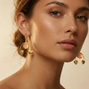 Golden Peach Stone Heart Drop Earrings – Soft Romance, Modern Grace