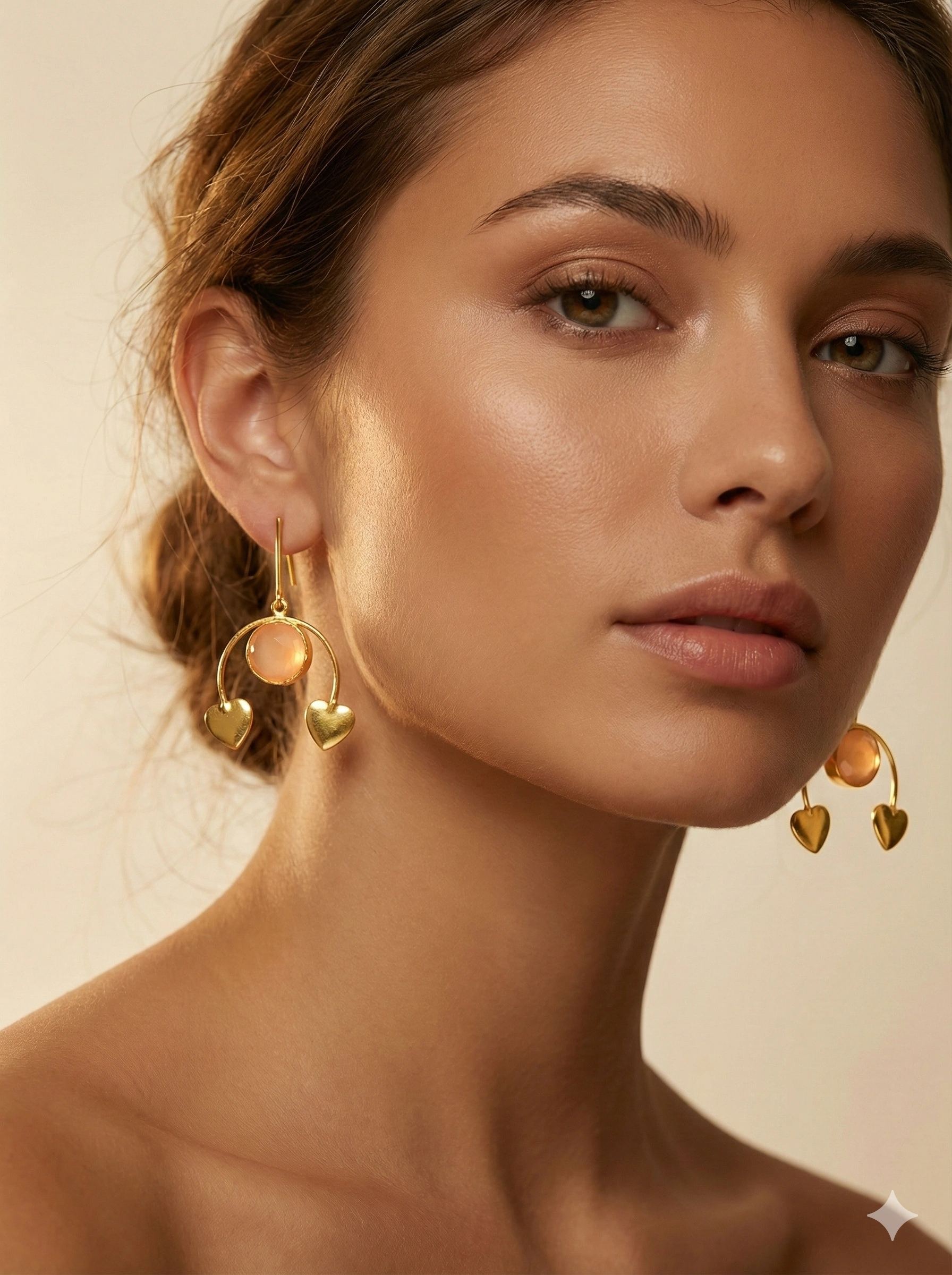 Golden Peach Stone Heart Drop Earrings – Soft Romance, Modern Grace