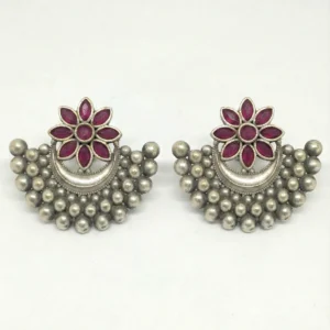 Ruby Red Flower Chandbali Earrings | Oxidised Silver Pearl Drop Ethnic Earrings for Women