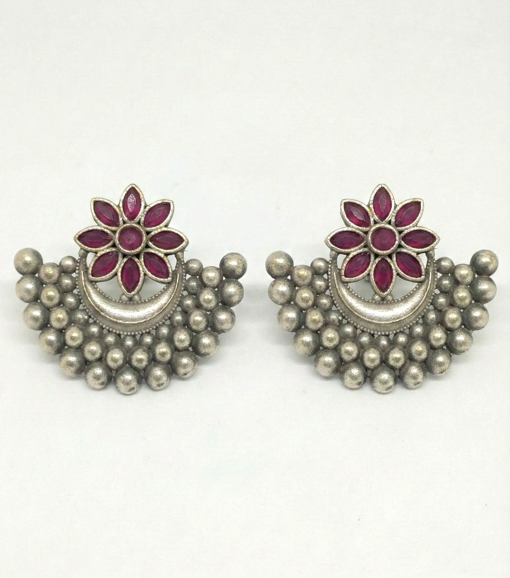 Ruby Red Flower Chandbali Earrings | Oxidised Silver Pearl Drop Ethnic Earrings for Women