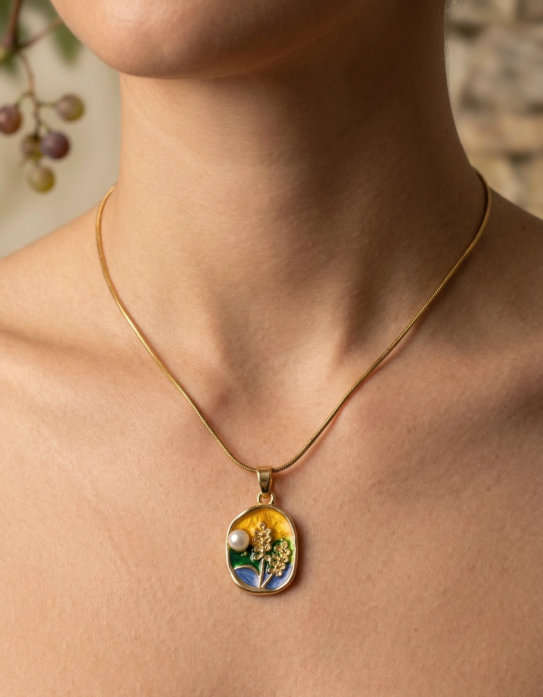 Artisanal Gold Meadow Enamel Pendant Necklace
