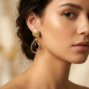 Black Onyx Teardrop Gold Drop Earrings | Textured 18k Gold-Tone Dangle Earrings for Women