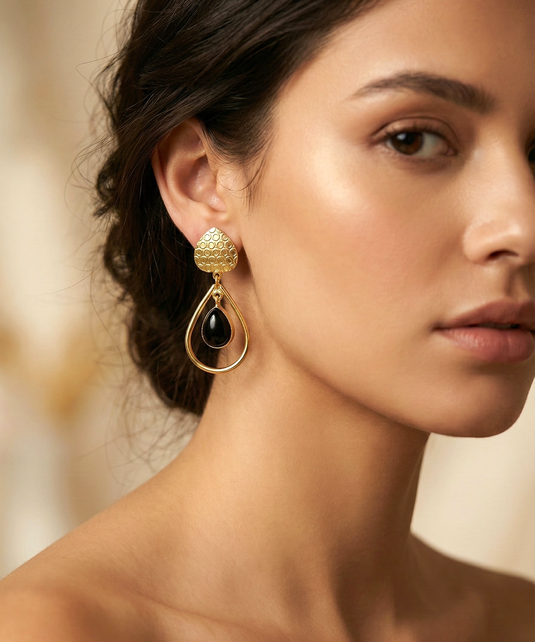 Black Onyx Teardrop Gold Drop Earrings | Textured 18k Gold-Tone Dangle Earrings for Women