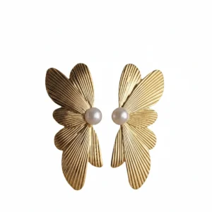 Textured Gold Wing & Pearl Statement Earrings