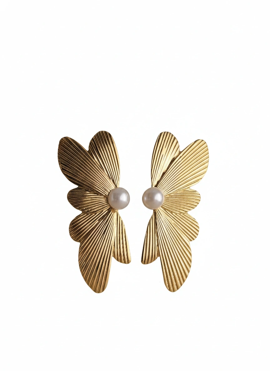 Textured Gold Wing & Pearl Statement Earrings