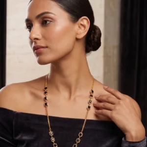 Midnight Onyx Geometric Gold Station Necklace