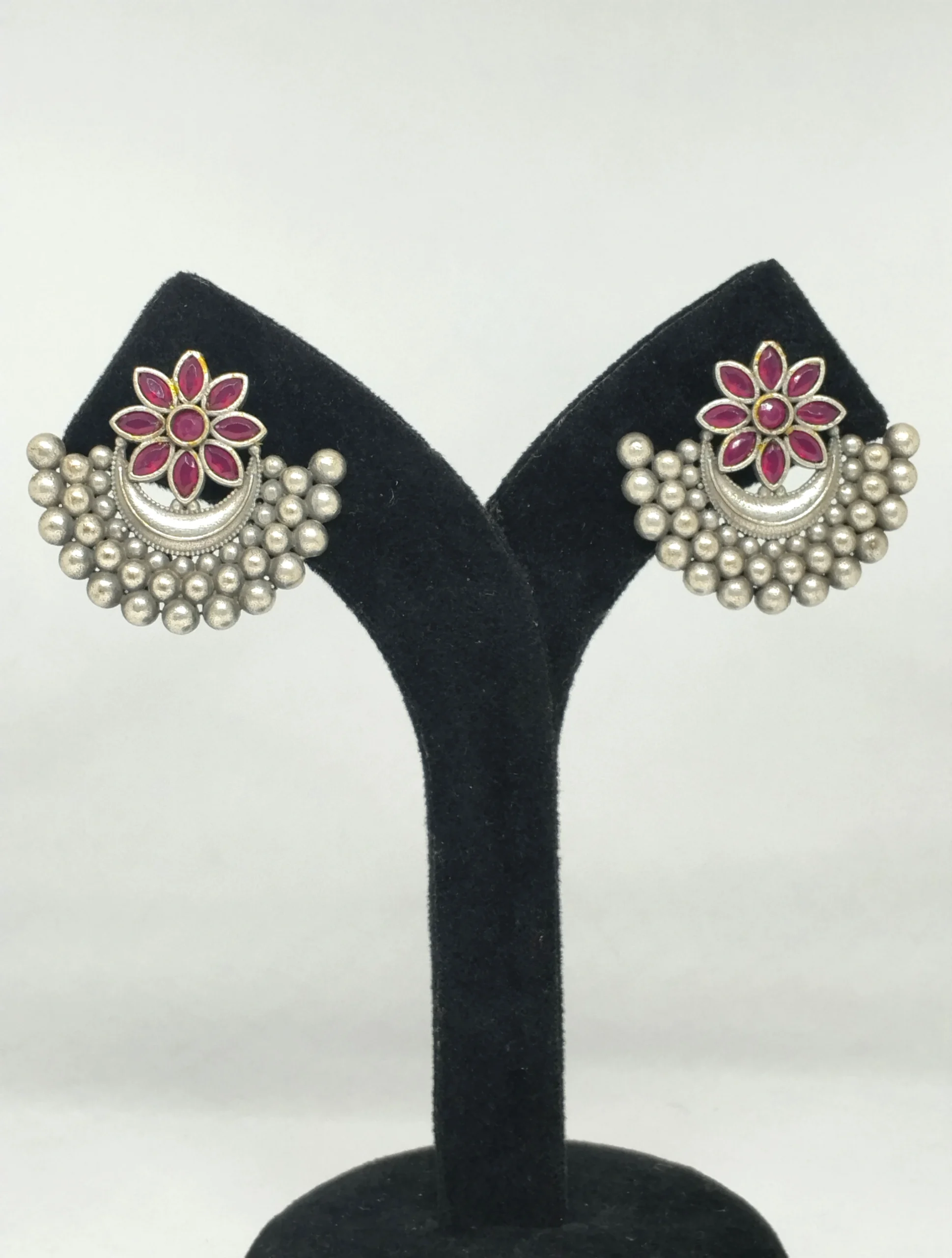 Ruby Red Flower Chandbali Earrings | Oxidised Silver Pearl Drop Ethnic Earrings for Women - Image 3