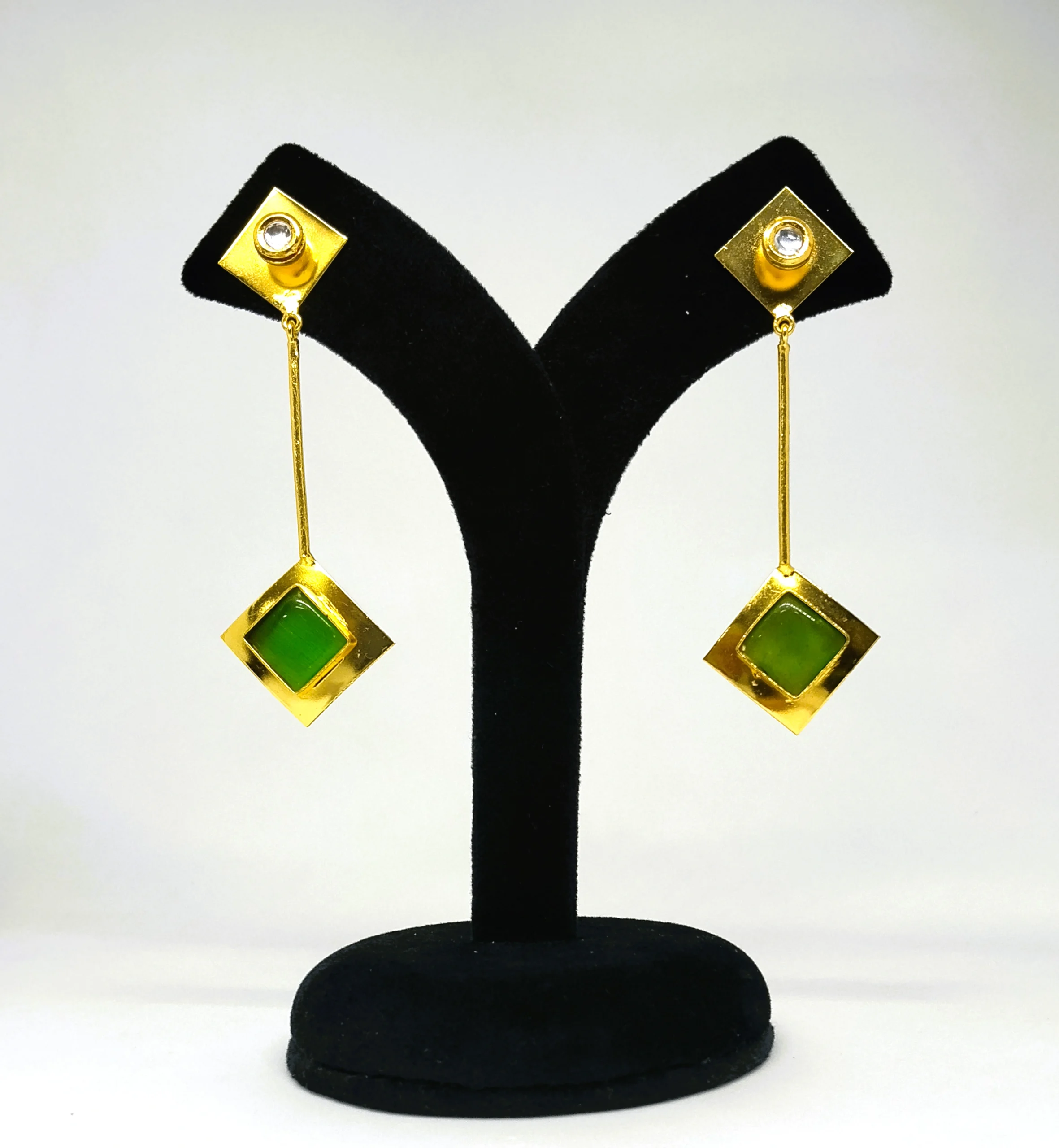 Olive Green Geometric Dangle Earrings – Gold-Plated Modern Statement Jewellery - Image 2