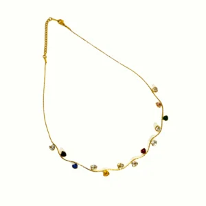Multicolour Heart Station Gold Necklace – Rainbow Crystal Heart Charm Chain | Luxury Dainty Gold Necklace